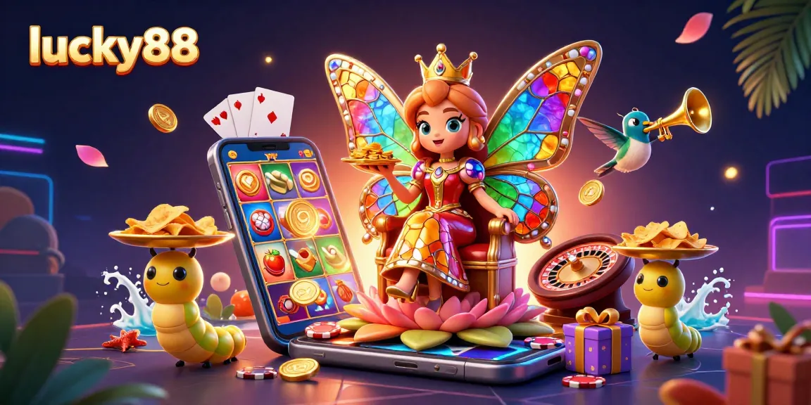 Experience the lively lucky88 online casino scene with a colorful butterfly queen, animated game elements, and treasure.