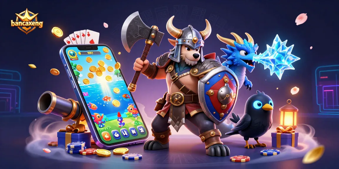 Experience exciting fish shooting action with bancaxeng featuring a Viking wolf warrior and dragon in a vibrant underwater scene.