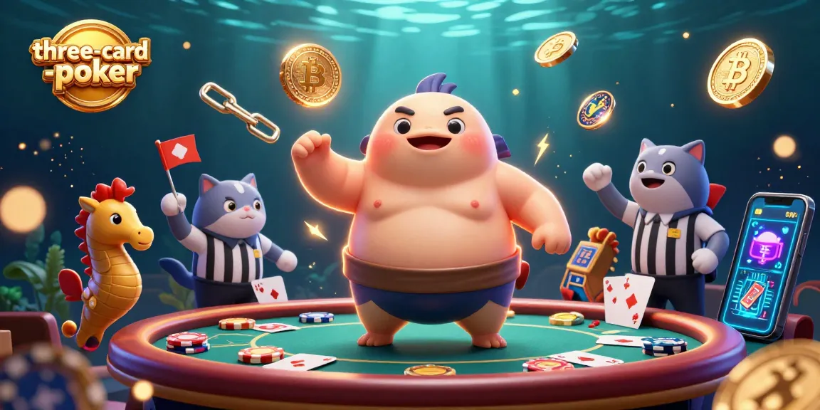 Engage in three-card-poker battles amidst animated characters and currency symbols.