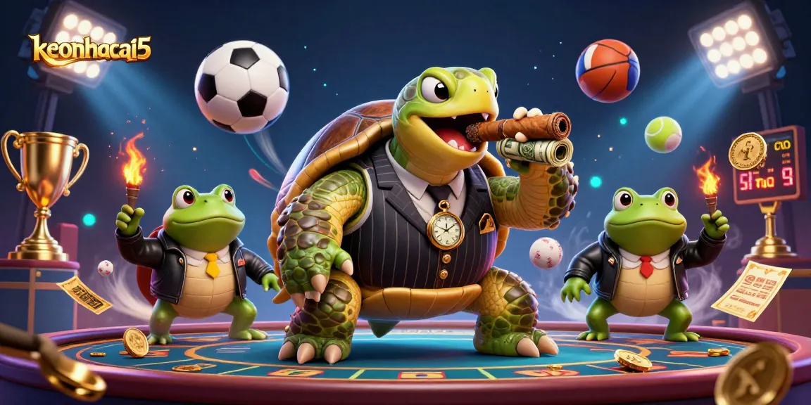 Exciting scene from keonhacai5 featuring a snapping turtle mobster and sports elements energizing the casino atmosphere.