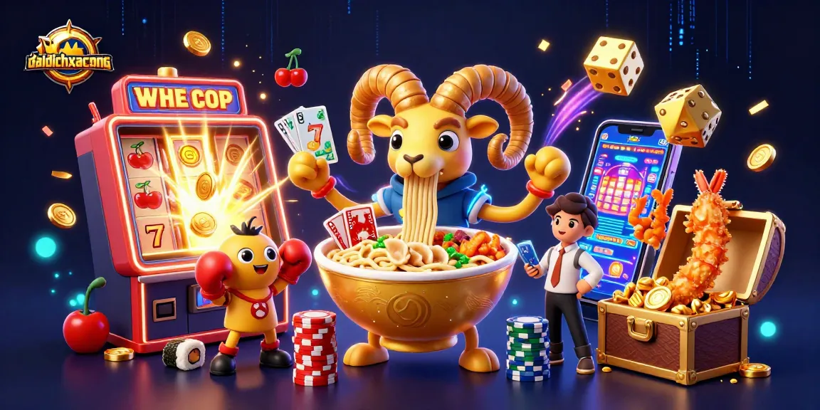 Experience the excitement of daidichxacsong with a vibrant 3D casino illustration featuring interactive characters and game elements.