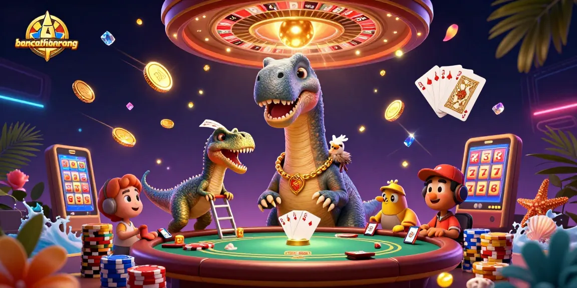 Engage with bancathanrong’s vibrant casino illustration featuring whimsical dinosaurs and dynamic gaming elements.