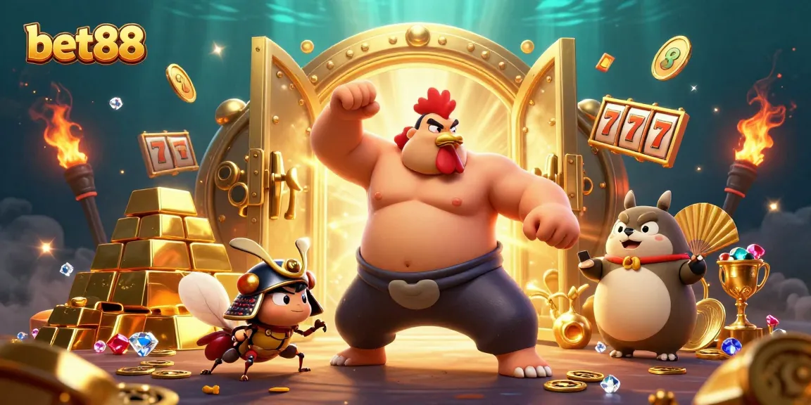 bet88 engaging players in vibrant cartoon scene with a powerful sumo rooster and treasures.