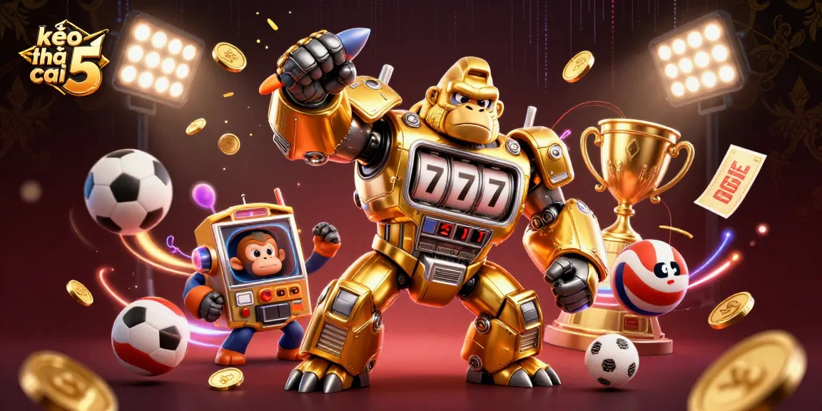 Kèo nhà cái 5 showcases a golden gorilla mech with sports elements in an explosive betting scene.