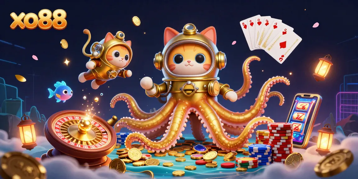 Experience xo88's casino thrills with a dynamic scene featuring a kraken, a diving cat, and vibrant game elements.