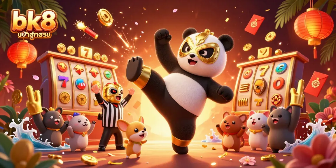 Engage in action-packed gameplay with bk8 เข้าสู่ระบบ featuring a lively panda wrestler and colorful slot reels.