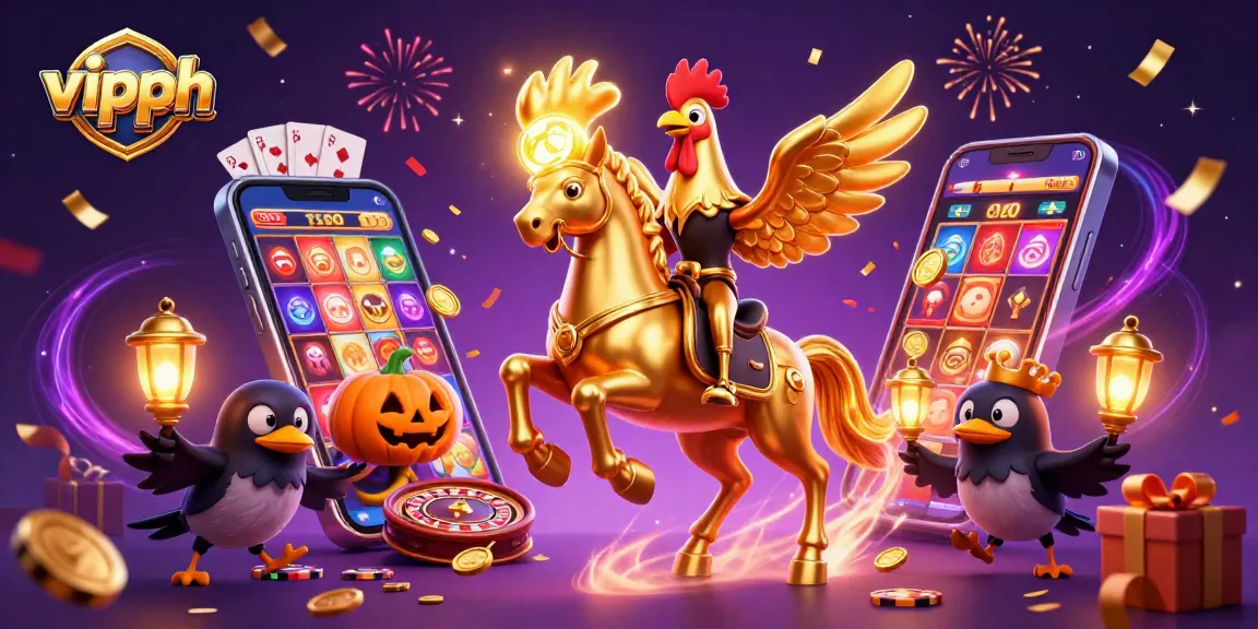 Experience thrilling wins with vipph, featuring a golden rooster in a dynamic casino scene.