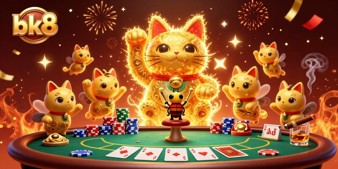 Engage with exciting bk8 gambling games featuring a giant lucky cat and vibrant poker elements.