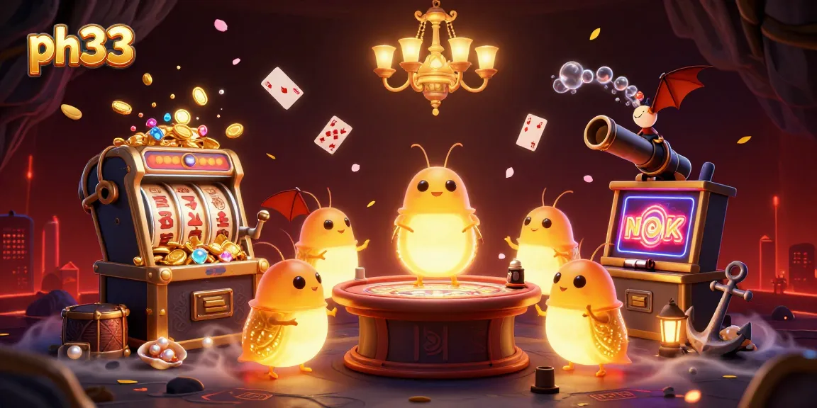 Experience thrilling gameplay at ph33 with a vibrant 3D casino illustration featuring glowworms and slots.