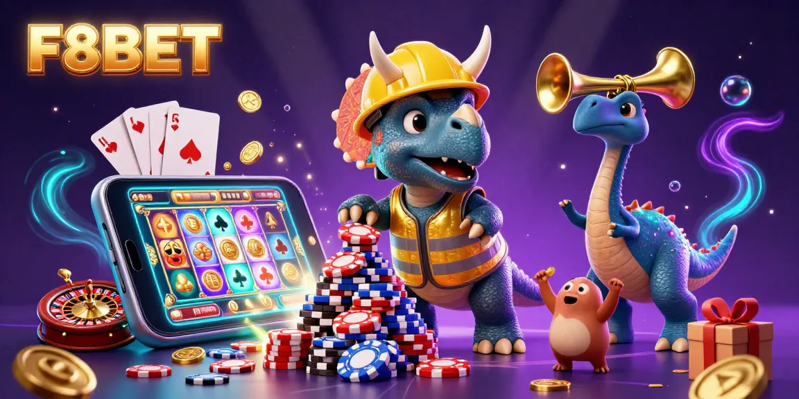 Immerse in F8BET's vibrant online casino adventure with playful triceratops and celebrations!