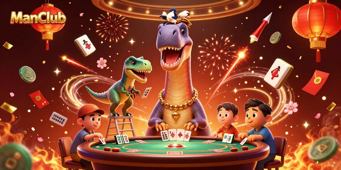 Experience high stakes fun with ManClub’s vibrant casino illustration featuring a towering brontosaurus.