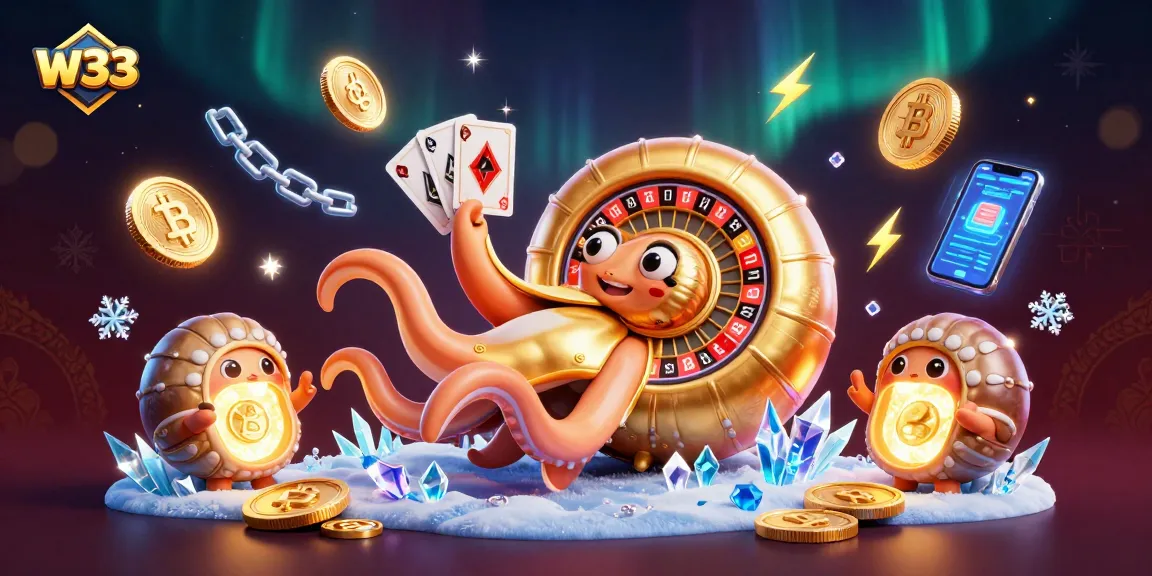 Join w33's thrilling gaming scene with a giant nautilus roulette wheel and glowing crypto elements.