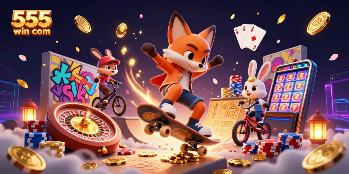 Experience the excitement of 555win com with vibrant casino characters and gaming elements in a dynamic 3D scene.