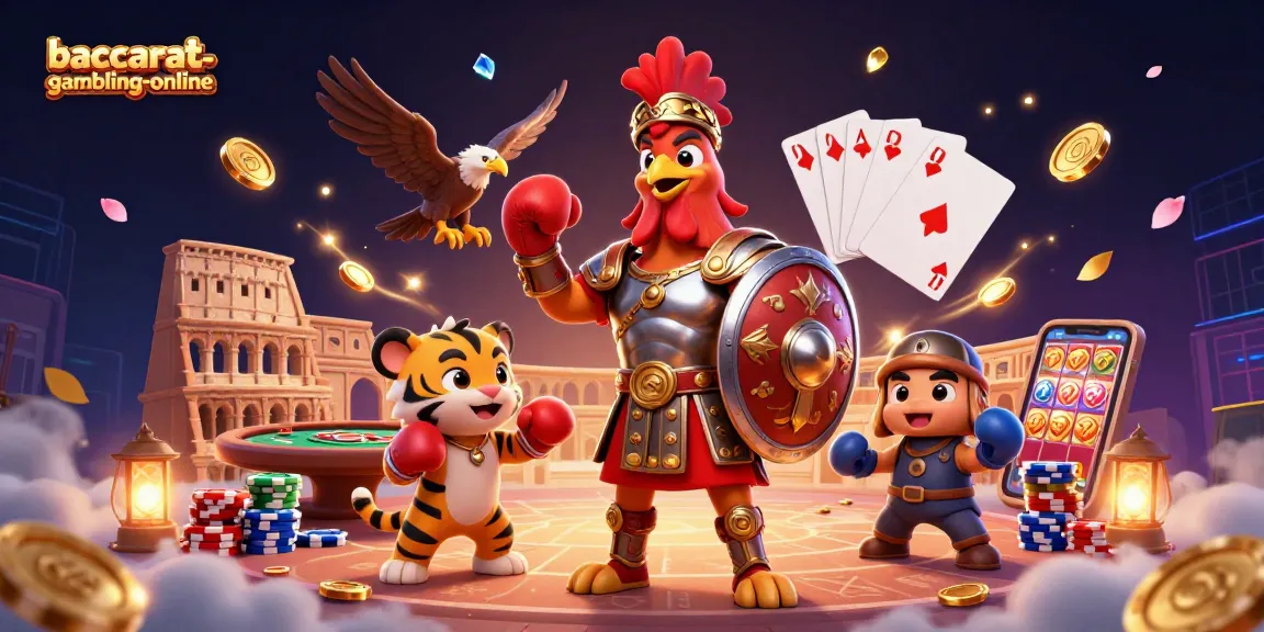Baccarat-gambling-online showcases an exciting scene with a gladiator rooster and tiger cub amid casino elements.
