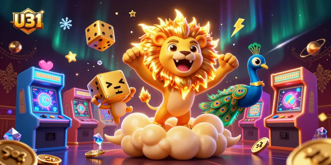 Experience thrilling gameplay with U31 as the cartoon lion roars, surrounded by vibrant casino elements.
