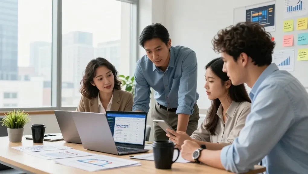 Team collaborating on the best payment gateway for business startup in a modern office