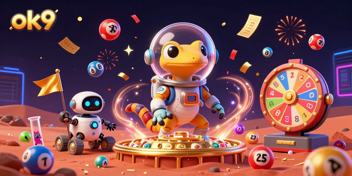 Experience the excitement of ok9 gaming with Martian gecko uncovering a golden casino amidst vibrant, cheering characters.