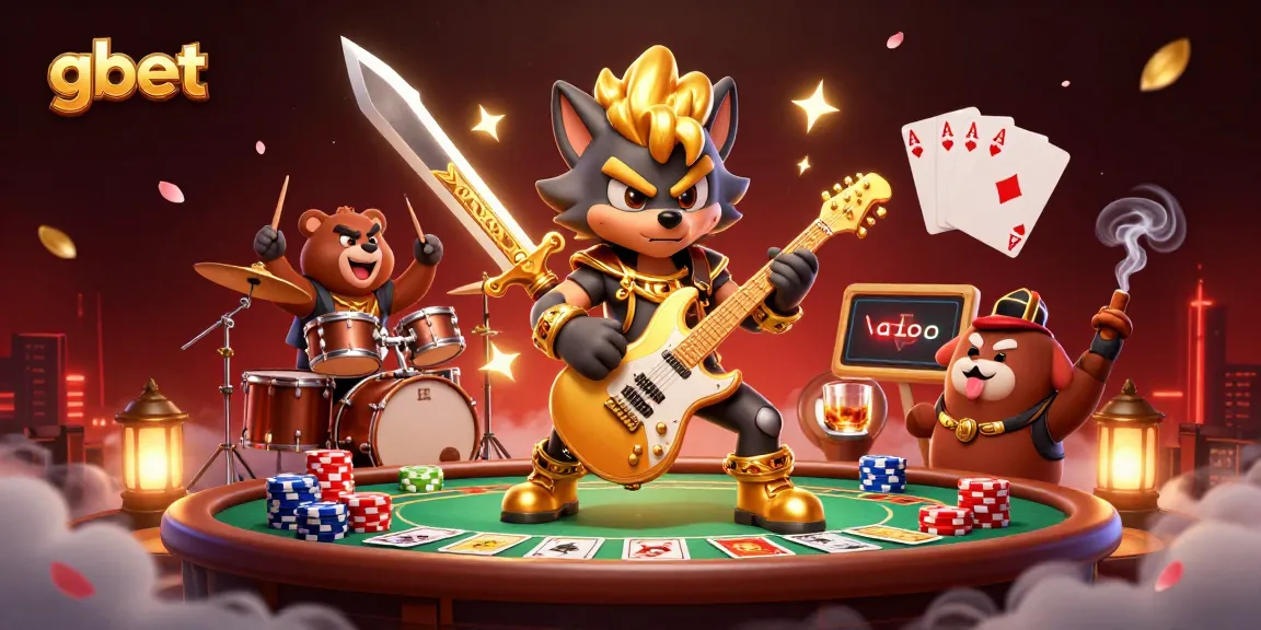 gbet players enjoying a vibrant casino atmosphere with dynamic characters, poker elements, and musical energy.