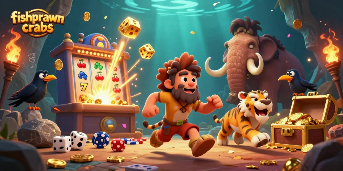 Experience thrilling fishprawncrabs gameplay in a dynamic prehistoric casino scene.