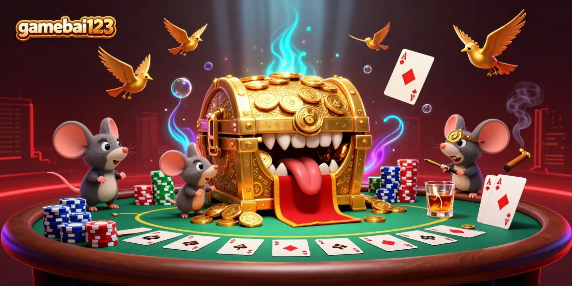 Engage with thrilling gameplay at gamebai123 featuring an animated treasure chest and vibrant poker scene.