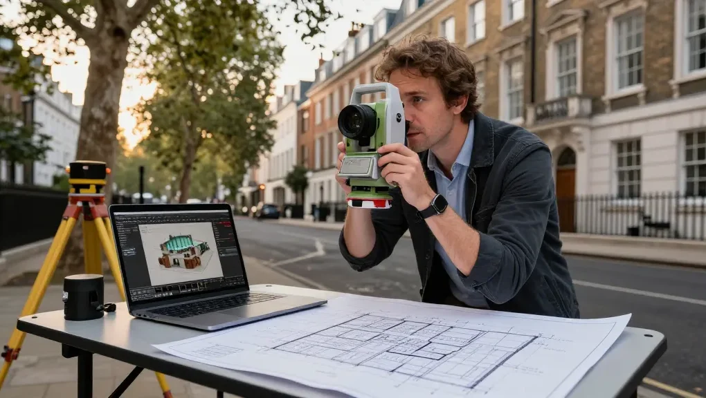 Measured building surveys london with professional surveyor using laser scanner and detailed plans in urban setting.