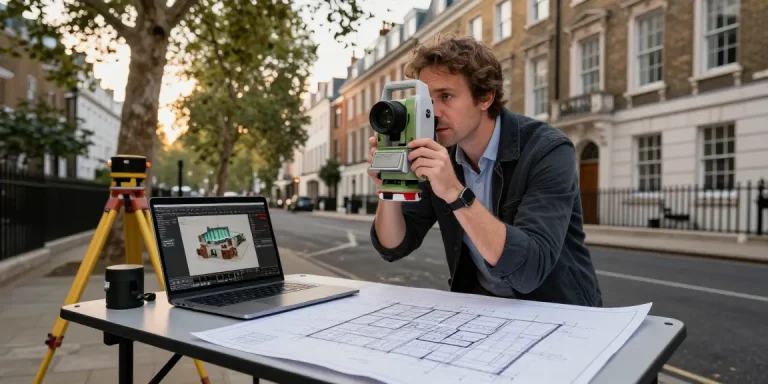 Measured building surveys london with professional surveyor using laser scanner and detailed plans in urban setting.